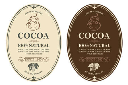 collection of labels with cocoa beans, branch and leavesのイラスト素材