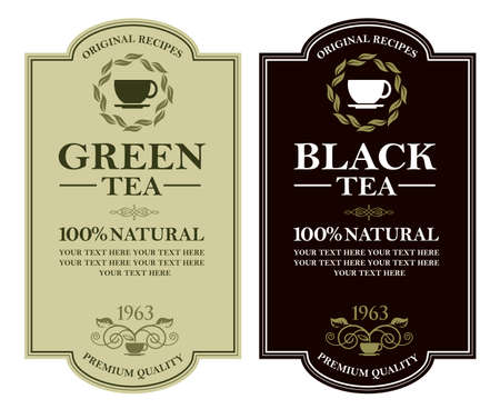 collection of green and black tea labels with leaves and cupのイラスト素材