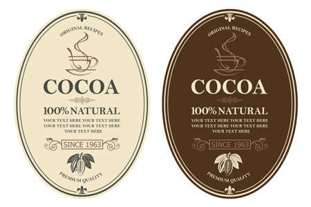 collection of labels with cocoa beans, branch and leavesのイラスト素材