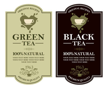 collection of green and black tea labels with leaves and cupのイラスト素材