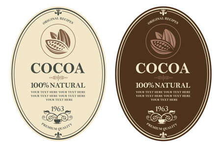 collection of labels with cocoa beans, branch and leavesのイラスト素材