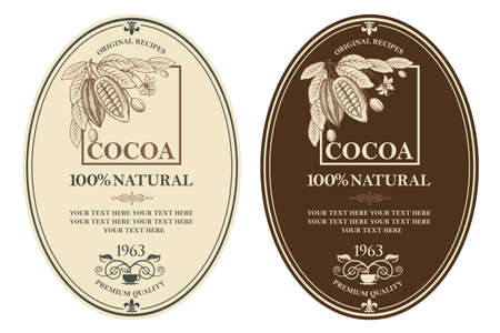 collection of labels with cocoa beans, branch and leavesのイラスト素材