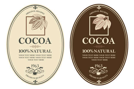 collection of labels with cocoa beans, branch and leavesのイラスト素材