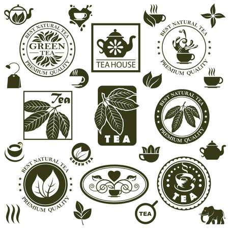 collection of tea labels with leaves and cup isolated on white backgroundのイラスト素材