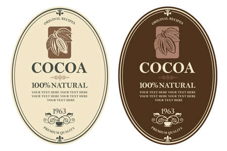 collection of labels with cocoa beans, branch and leavesのイラスト素材