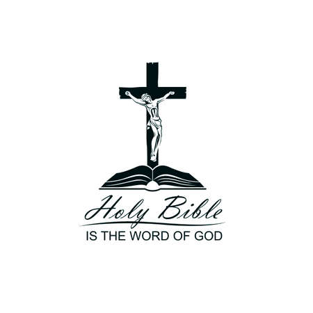 illustration with bible and crucifixion of jesus on cross isolated on white backgroundのイラスト素材