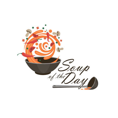 bowl of vegetable soup and ladle isolated on white backgroundのイラスト素材