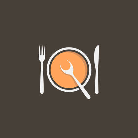 bowl of soup with spoon, fork and knife isolated on black backgroundのイラスト素材