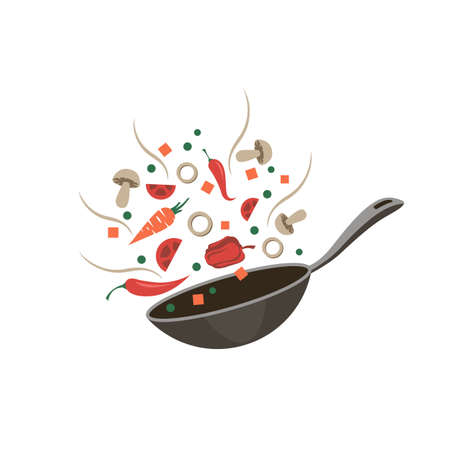 cooking process of vegetables on pan isolated on white backgroundのイラスト素材