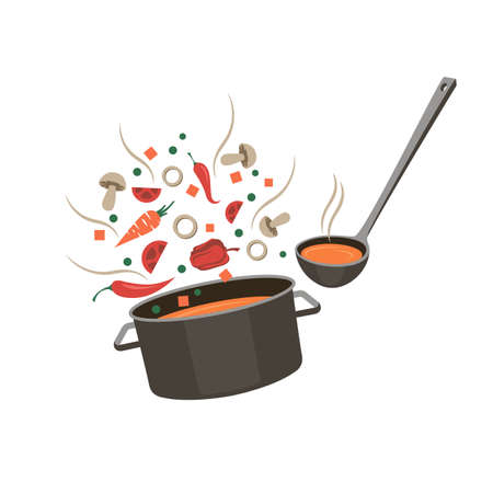 cooking process of soup on saucepan isolated on white backgroundのイラスト素材