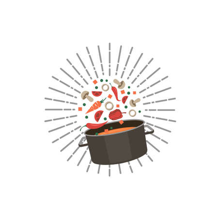 cooking process of soup on saucepan with rays isolated on white backgroundのイラスト素材