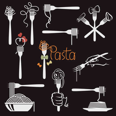 collection of fork and dish with various pasta isolated on black backgroundのイラスト素材
