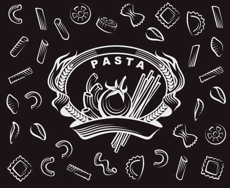 collection of fork and dish with various pasta isolated on black backgroundのイラスト素材