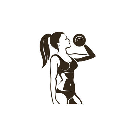 female bodybuilder lifting dumbbells illustration isolated on white backgroundのイラスト素材