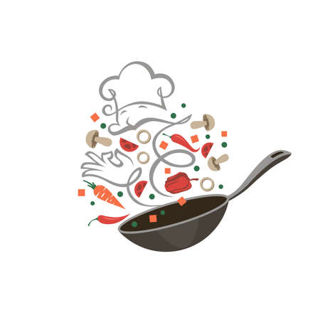 cooking process of vegetables on pan isolated on white backgroundのイラスト素材