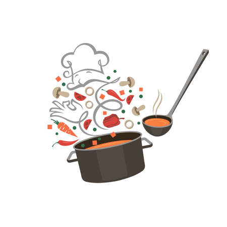 cooking process of soup on saucepan isolated on white backgroundのイラスト素材