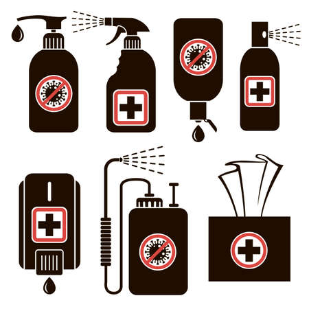 collection of sanitizer bottles, washing gel, spray, wet wipes, liquid soap against coronavirus isolated on white backgroundのイラスト素材