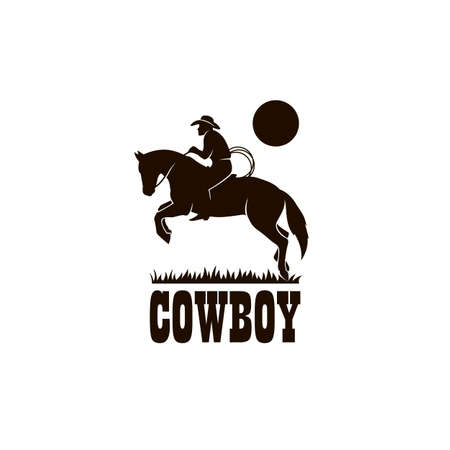 cowboy silhouette with lasso on horse icon isolated on white background for westernのイラスト素材