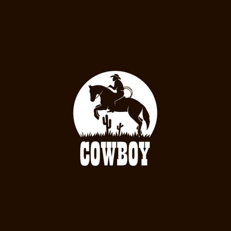 cowboy silhouette with lasso on horse icon isolated on black background for westernのイラスト素材