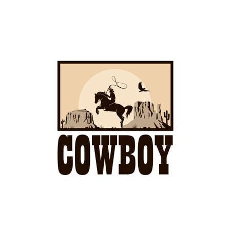 western cowboy silhouette with lasso on horse illustration with mountainsのイラスト素材