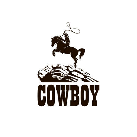 western cowboy silhouette with lasso on horse illustration with mountains isolated on white backgroundのイラスト素材