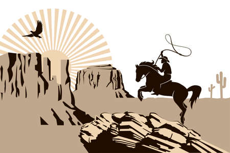 western cowboy silhouette with lasso on horse illustration with mountainsのイラスト素材