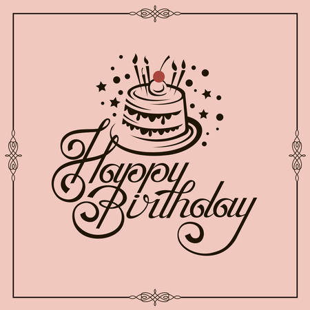 happy birthday card design with cake isolated on pink backgroundのイラスト素材