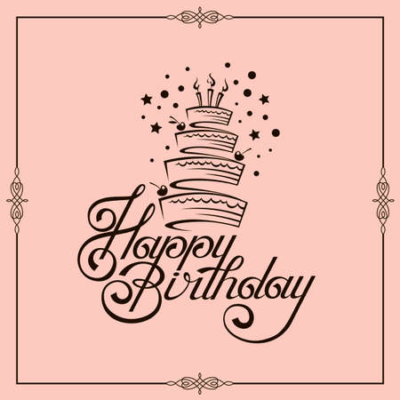happy birthday card design with cake isolated on pink backgroundのイラスト素材