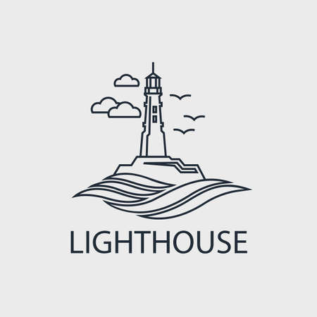 abstract lighthouse line icon with ocean waves and seagulls isolated on white backgroundのイラスト素材