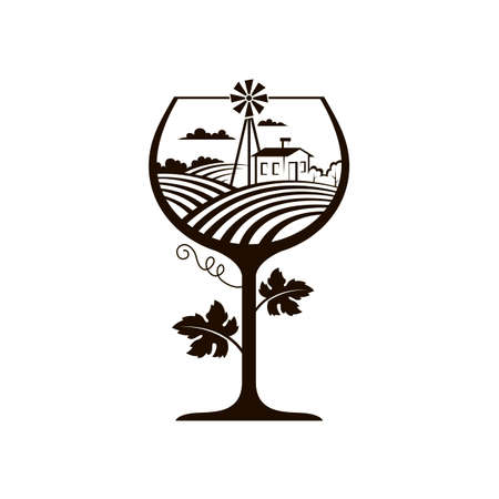 monochrome wine glass image with vineyard fields isolated on white backgroundのイラスト素材