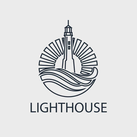 abstract lighthouse line icon with ocean waves and seagulls isolated on white backgroundのイラスト素材