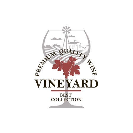 wine glass emblem with vineyard fields isolated on white backgroundのイラスト素材