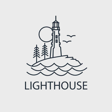 abstract lighthouse line icon with ocean waves and seagulls isolated on white backgroundのイラスト素材