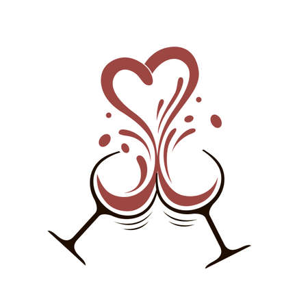 illustration of two glasses with splashes in the form of hearts isolated on white backgroundのイラスト素材