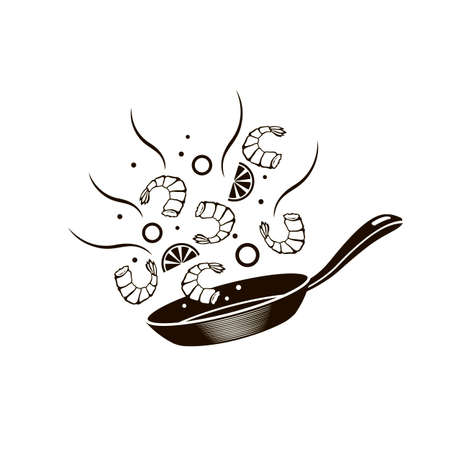 pan with cooking fried shrimps isolated on white backgroundのイラスト素材