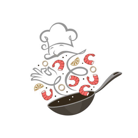 pan with cooking fried shrimps isolated on white backgroundのイラスト素材