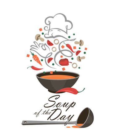 bowl of vegetable soup and ladle isolated on white backgroundのイラスト素材