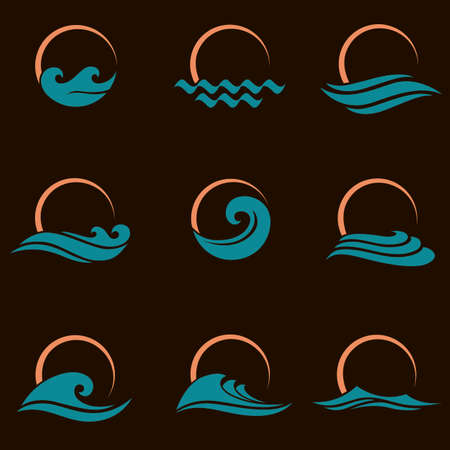 abstract collection of sun and sea icons isolated on black backgroundのイラスト素材