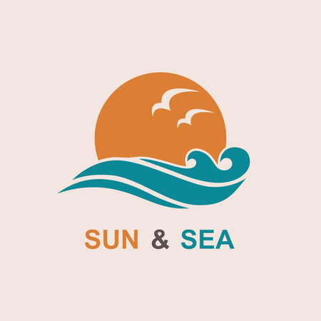 abstract icon of sun and sea with seagulls isolatedのイラスト素材