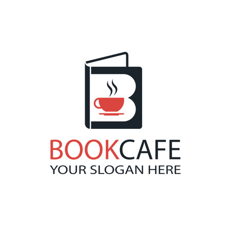 literary cafe emblem with book and cup isolated on white backgroundのイラスト素材