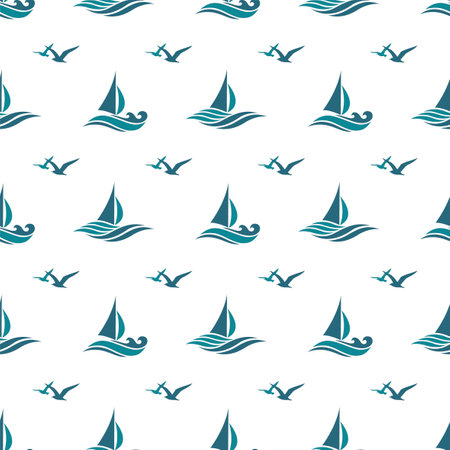 yacht seamless pattern with sea waves isolated on white backgroundのイラスト素材