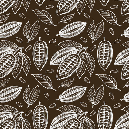 seamless pattern of cocoa beans, branch and leaves on brown backgroundのイラスト素材