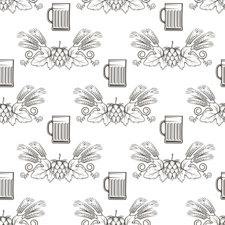 seamless pattern of hop with beer glass for brewing on white backgroundのイラスト素材