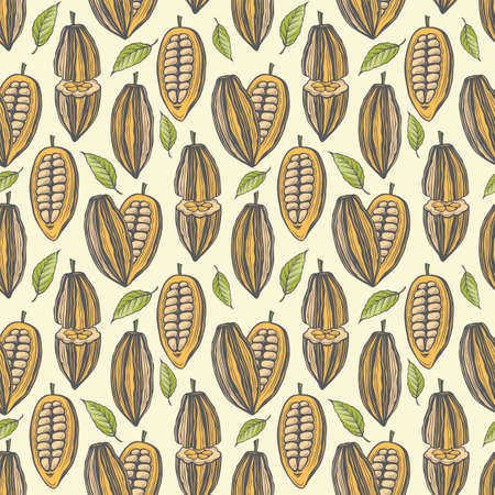 seamless pattern of cocoa beans, branch and leavesのイラスト素材