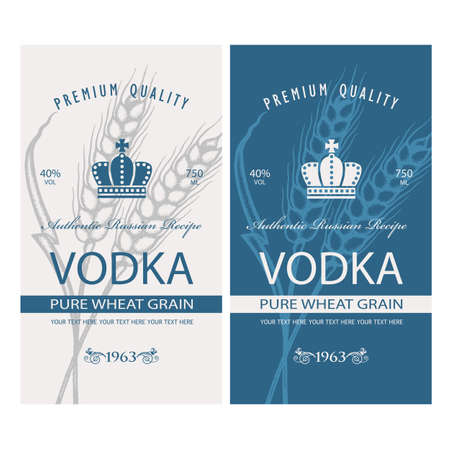 collection of vodka labels with royal crown and ears of wheat in retro styleのイラスト素材