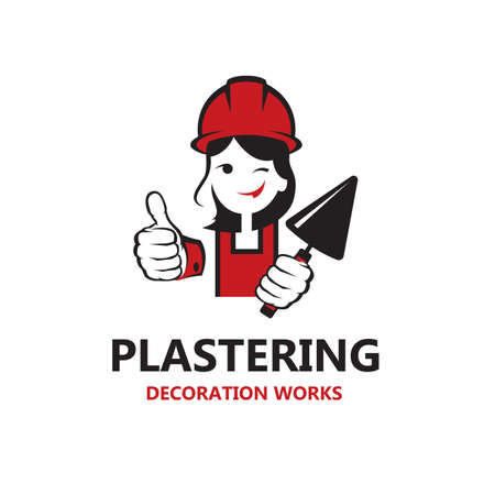 icon of lady plasterer in safety helmet with trowel in hand isolated on white backgroundのイラスト素材