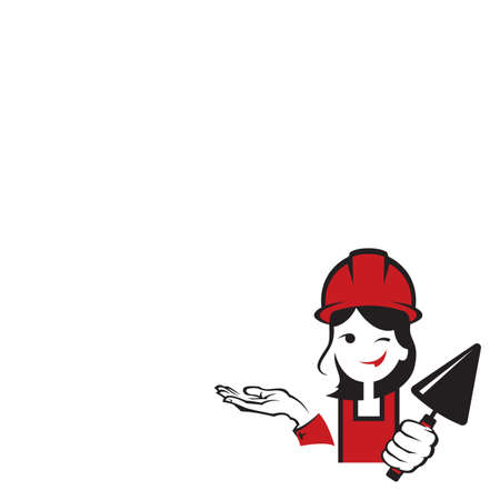 background with lady plasterer in safety helmet with trowel in hand isolated on white backgroundのイラスト素材