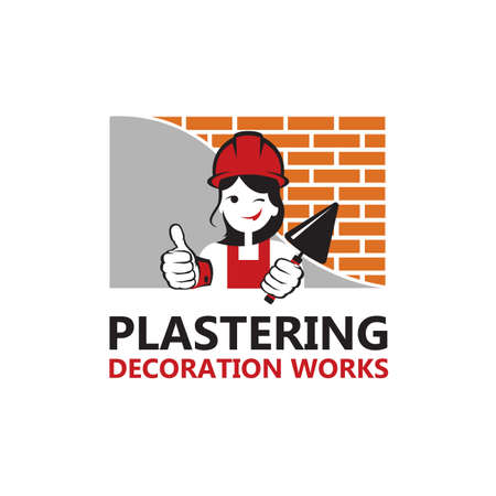 icon of lady plasterer in safety helmet with trowel in hand isolated on white backgroundのイラスト素材