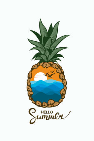 emblem of pineapple tropical fruit with sea wave, sun and seagullsのイラスト素材