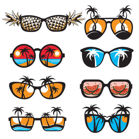 emblems collection of glasses with summer vacation landscapes isolated on white backgroundのイラスト素材